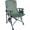 Chaise de camping pliable verte avec armature métallique noire, accoudoirs, porte-gobelet et poche latérale