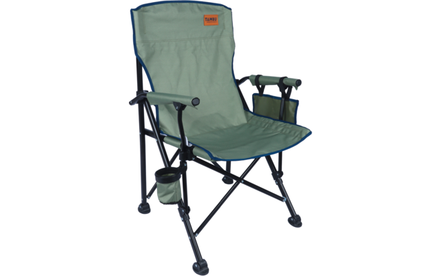 Chaise de camping pliable verte avec armature métallique noire, accoudoirs, porte-gobelet et poche latérale
