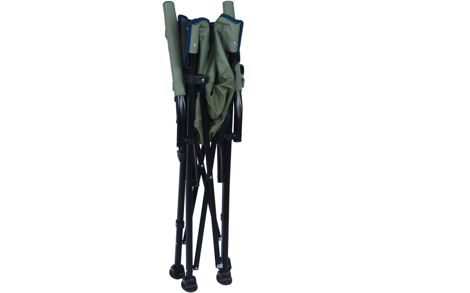 Chaise pliée avec assise en tissu vert et structure métallique noire