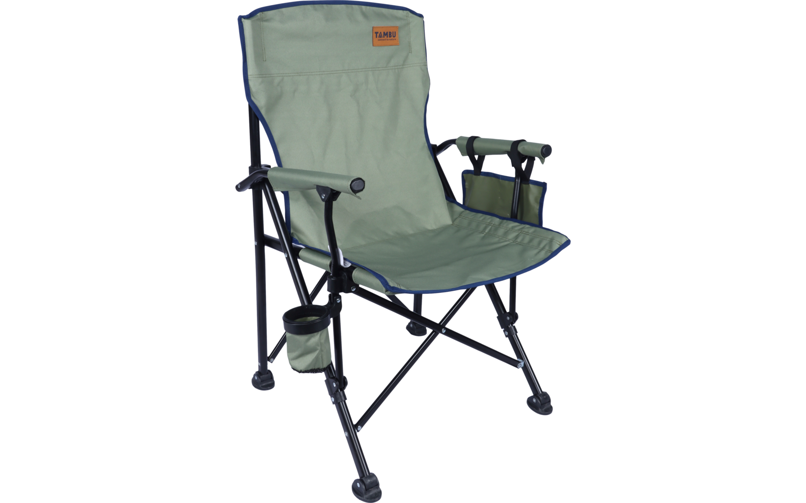 Klappbarer grüner Campingstuhl mit schwarzem Metallgestell, Armlehnen, Becherhalter und seitlicher Tasche