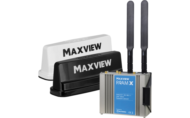 White and black flat antennas with "MAXVIEW" printed, and a gray metal unit with two vertical black antennas and a blue label "MAXVIEW ROAM X"