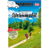Buchcover mit Illustration eines Wohnmobils oben links, Schriftzug 'Stellplatzführer Natur- & Nationalparks', großer Titel 'Natur erleben mit dem Wohnmobil', schneebedeckte Berge, Wald und grüne Wiese, Wanderweg mit drei Personen mit Rucksäcken, rote