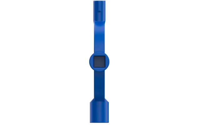 Blaues Kunststoffband mit rundem Gehäuse, kleinem quadratischem schwarzen Display und verbreiterten Enden