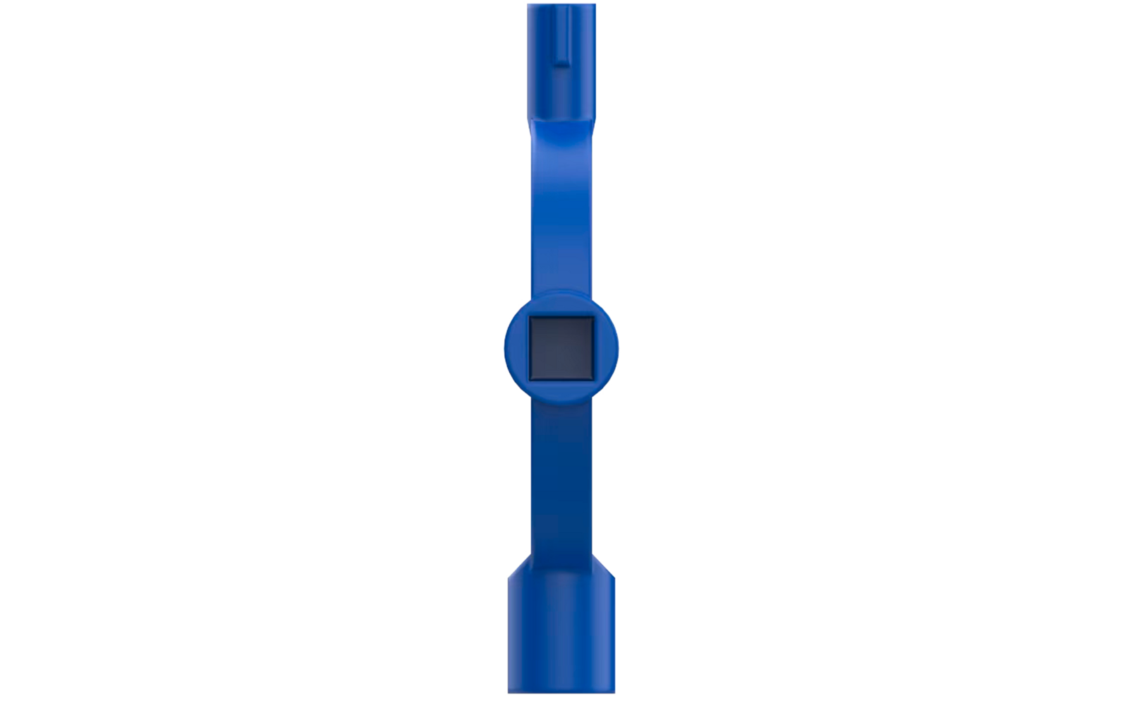 Blaues Kunststoffband mit rundem Gehäuse, kleinem quadratischem schwarzen Display und verbreiterten Enden