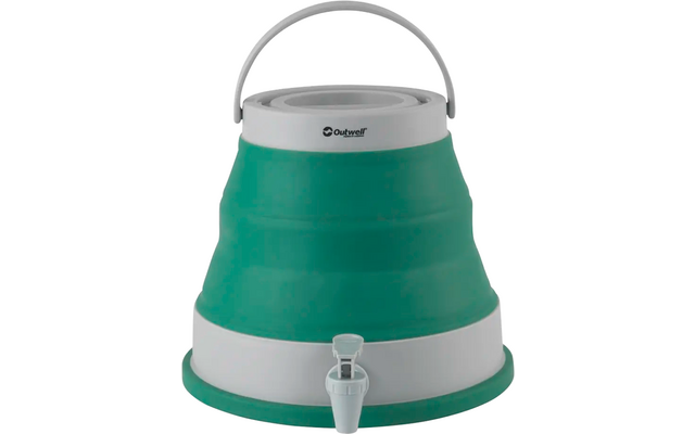 Réservoir d'eau pliable vert avec couvercle blanc et robinet