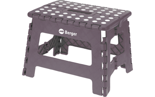Klappbarer Kunststofftritt, dunkelgrau, rutschfeste Oberfläche mit weißen Punkten, Seitenaussparungen, seitlicher Schriftzug "Berger"