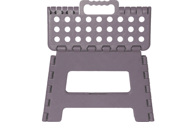 Klappbarer lila-grauer Kunststoffhocker mit Griff oben, Scharnier, Oberseite mit zwei Reihen runder Löcher und mittiger rechteckiger Öffnung