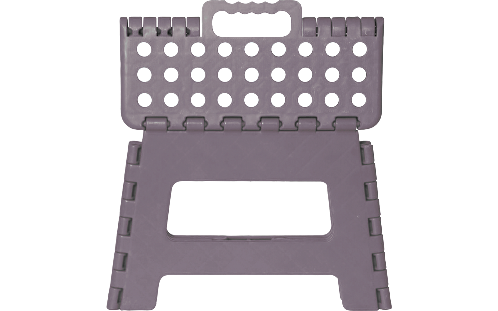 Klappbarer lila-grauer Kunststoffhocker mit Griff oben, Scharnier, Oberseite mit zwei Reihen runder Löcher und mittiger rechteckiger Öffnung
