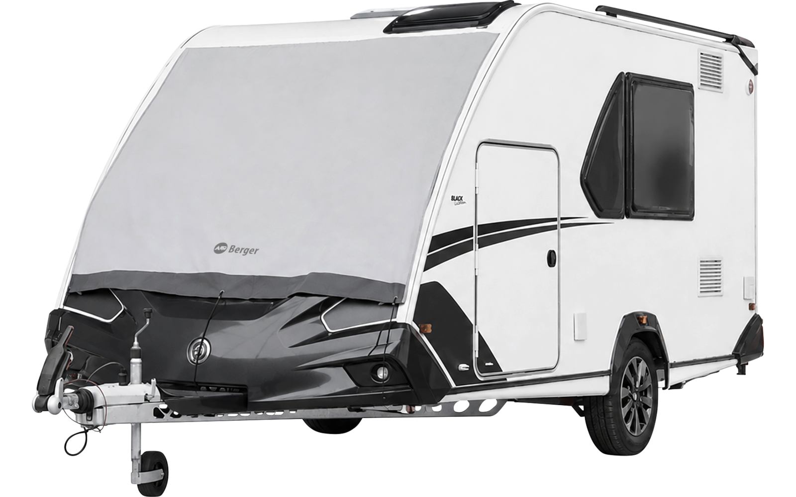 White compact travel trailer with one visible wheel, tow hitch, black front panel and side window on a white background