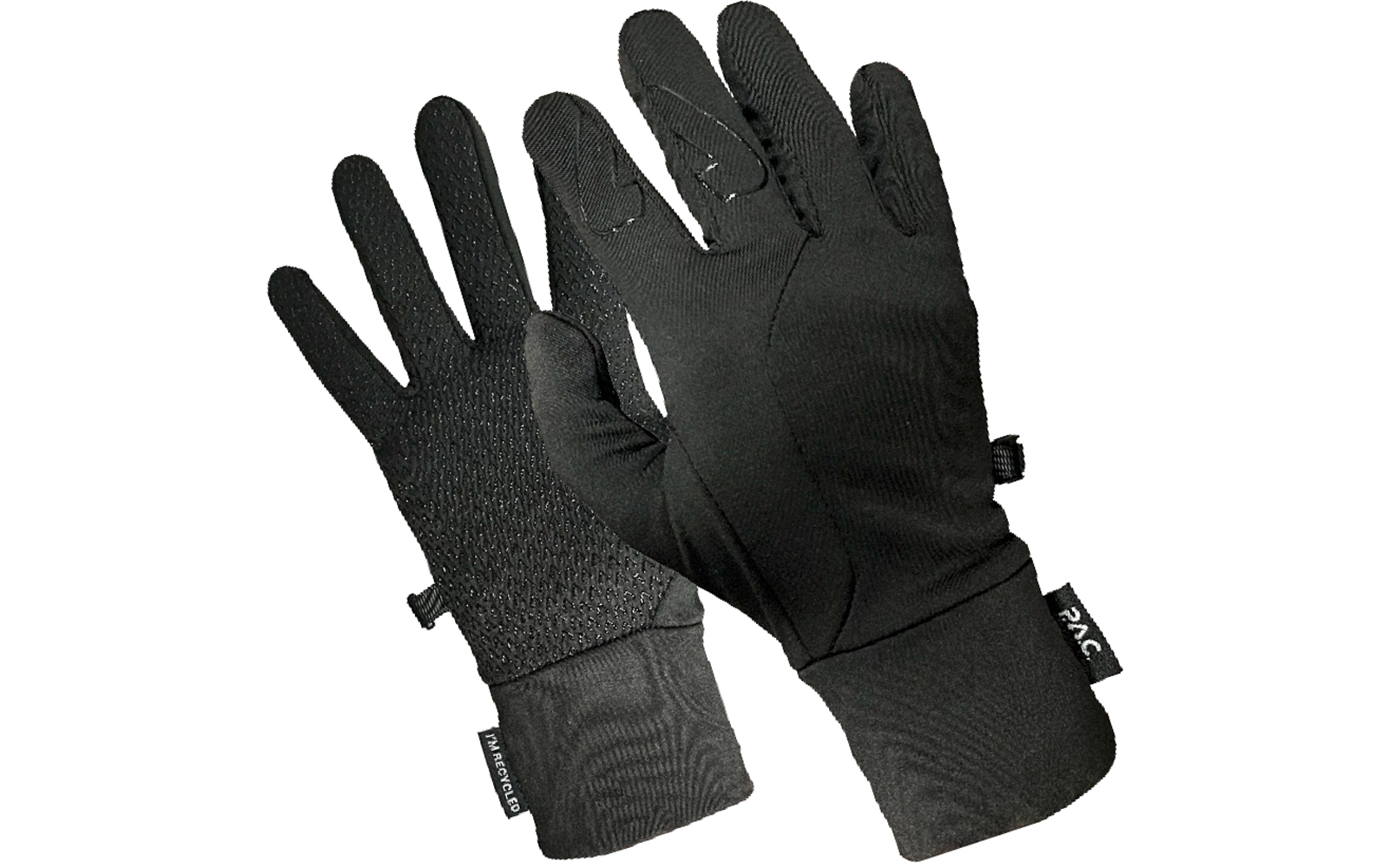 Zwei schwarze Handschuhe nebeneinander; einer zeigt die Handfläche mit strukturierten Griffpunkten, der andere die Rückseite; elastische Bündchen mit kleinen Stoffschlaufen