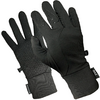 Zwei schwarze Handschuhe nebeneinander; einer zeigt die Handfläche mit strukturierten Griffpunkten, der andere die Rückseite; elastische Bündchen mit kleinen Stoffschlaufen