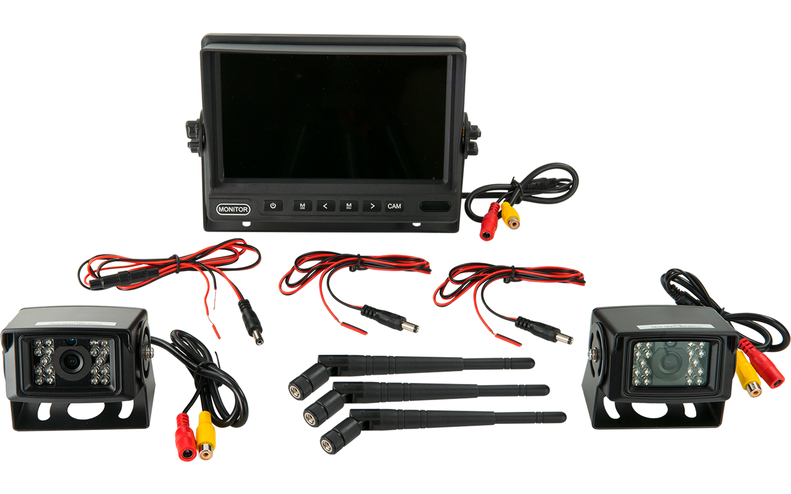 Schwarzer Monitor mit Bildschirm und Bedientasten, zwei schwarze Kameras mit LED-Leuchten, drei schwarze Antennen, mehrere rote und schwarze Kabel mit gelben und roten Cinch-Steckern