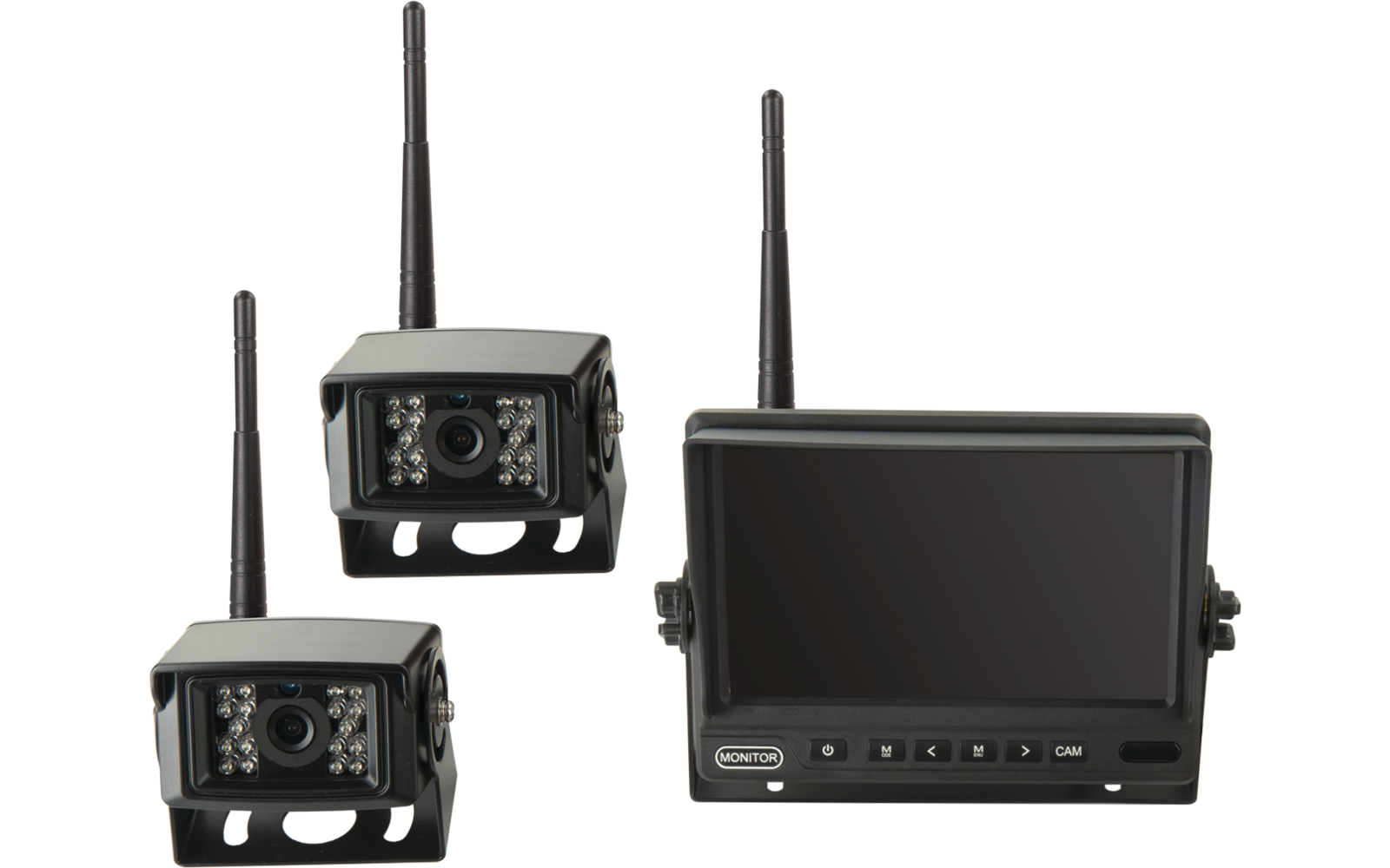Zwei kompakte schwarze Kameras mit Antennen und sichtbaren Infrarot-LEDs neben einem schwarzen Monitor mit Antenne