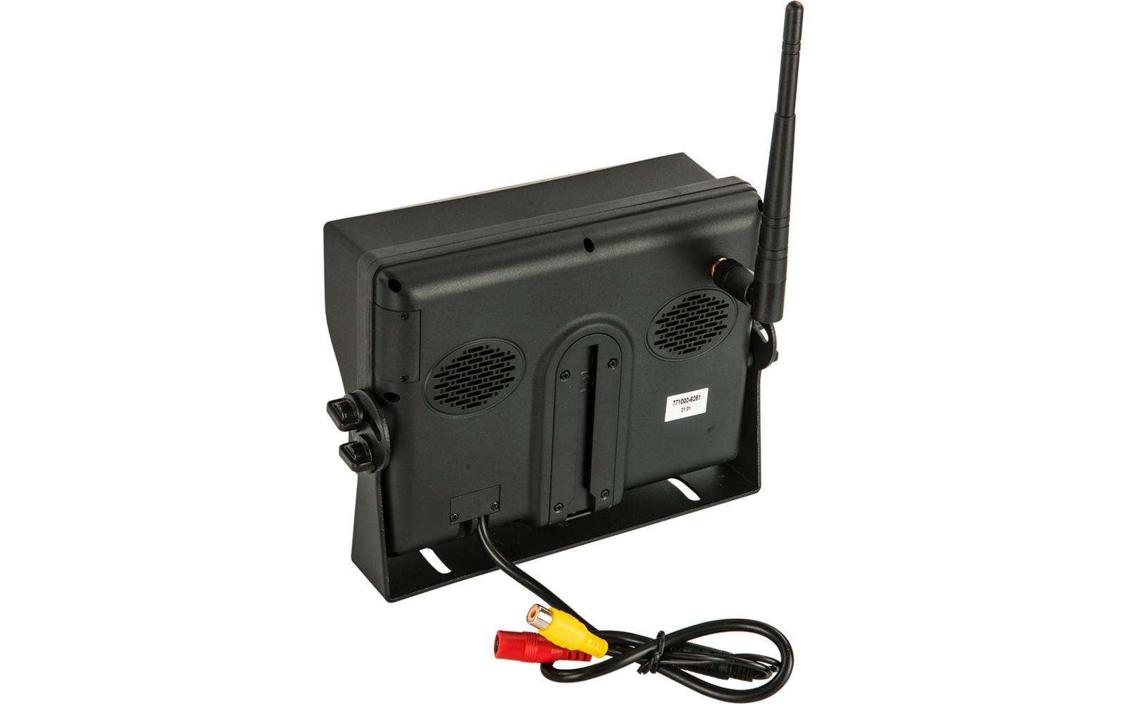 Rückseite eines kleinen schwarzen elektronischen Geräts auf einem Stand, mit zwei runden Lautsprecheröffnungen, Antennenstab rechts, drei farbigen Cinch-Steckern (rot, gelb, weiß) an einem Kabel und einem weißen Etikett