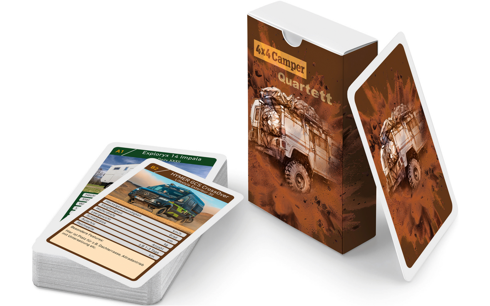 Ein Kartenspiel mit einem offenen Stapel Karten und einem Kartenhalter mit einem Bild eines Autos darauf