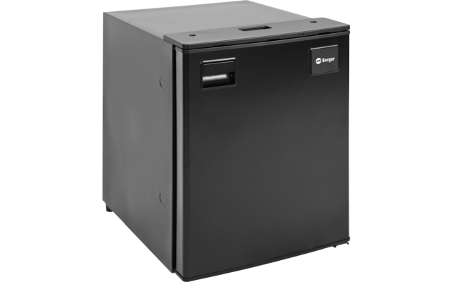 Schwarzer rechteckiger Korpus mit Tür vorne, eingelassenem Griff oben links und Markenlogo Berger oben rechts