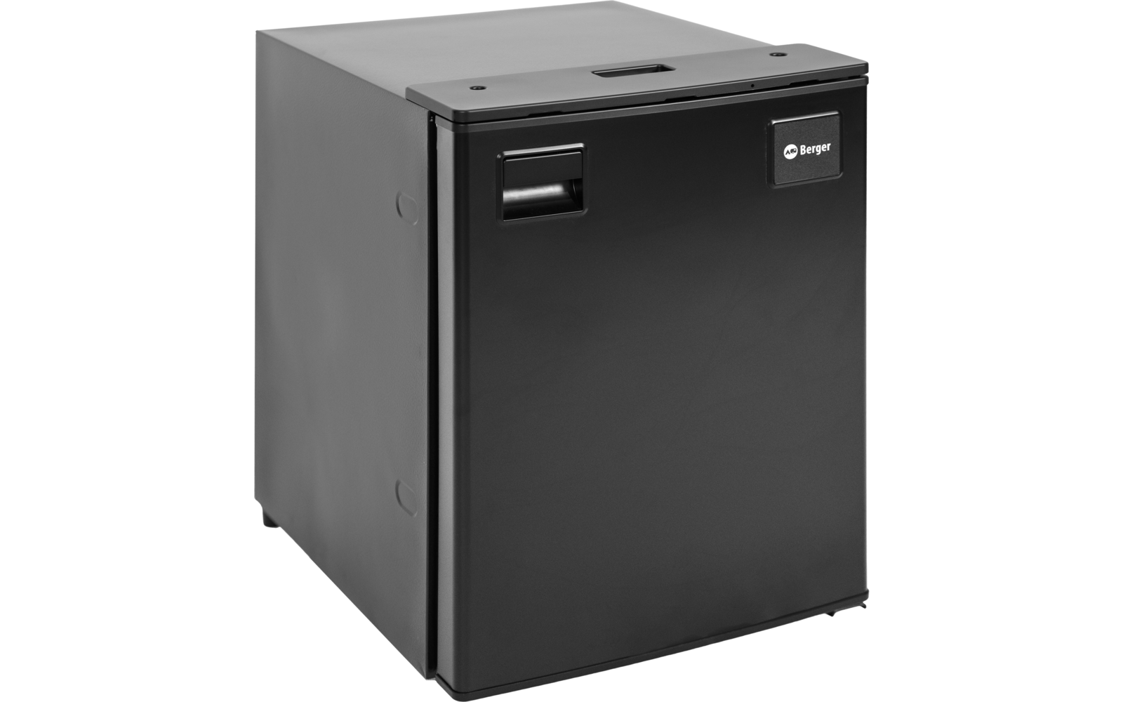 Schwarzer rechteckiger Korpus mit Tür vorne, eingelassenem Griff oben links und Markenlogo Berger oben rechts