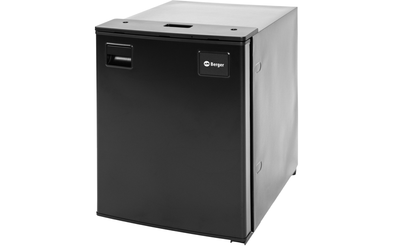 Kompakter schwarzer Kühlschrank mit glatter Fronttür, Griffmulde oben links und Markenplakette "Berger" rechts oben