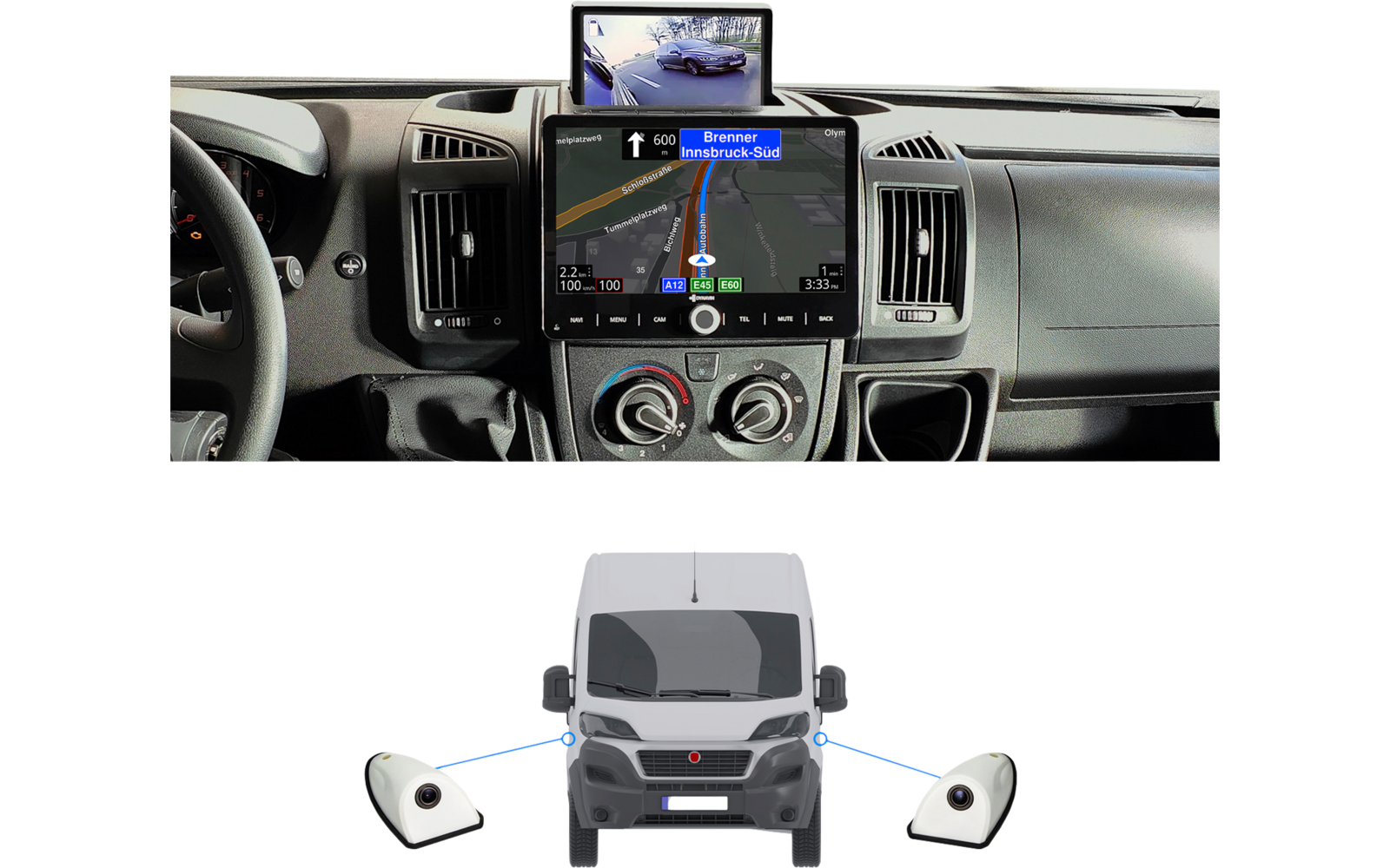 Innenansicht eines Fahrzeugarmaturbretts mit Lenkrad links, zwei Bildschirmen (oberer und größerer mittiger Bildschirm zeigt Navigationskarte), Lüftungsdüsen und Bedienknöpfen; darunter Frontalansicht eines weißen Lieferwagens mit zwei externen Kamer