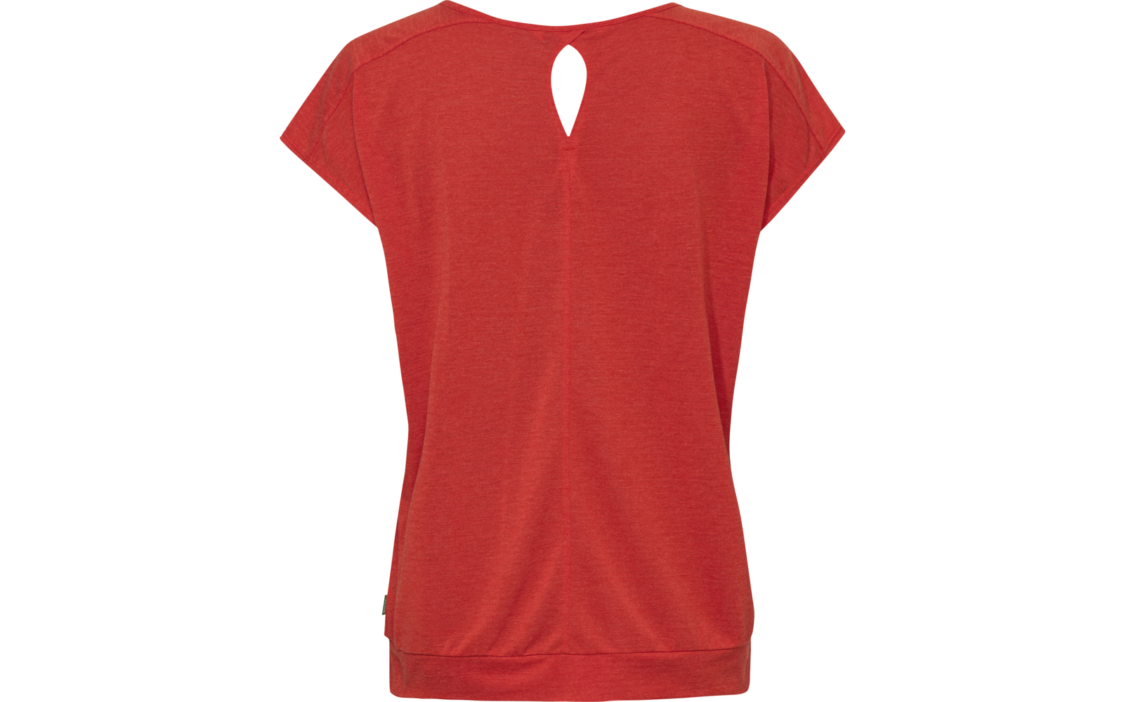 Haut rouge à manches courtes, vue de dos, petite ouverture en goutte au niveau de la nuque, large bord d'ourlet