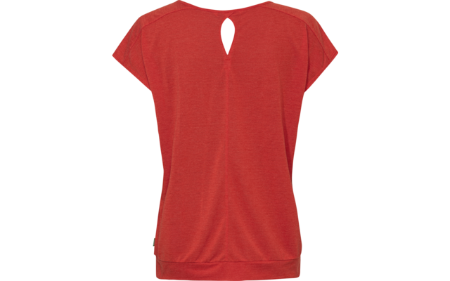 Haut rouge à manches courtes, vue de dos, petite ouverture en goutte au niveau de la nuque, large bord d'ourlet