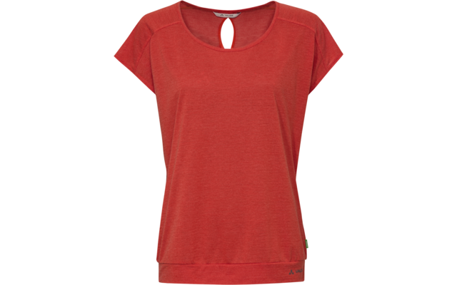 Haut rouge à manches courtes avec encolure ronde et ouverture en forme de goutte sur le devant, large ourlet, petite étiquette verte sur la couture latérale