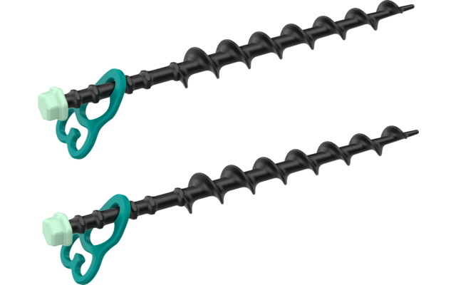 Zwei schwarze, spiralförmige Stangen mit türkisfarbenen Kunststoffgriffen und hellgrünen sechseckigen Kappen, auf weißem Hintergrund, leicht versetzt nebeneinander