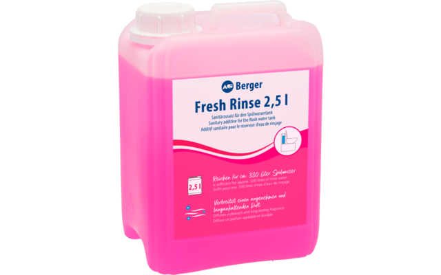 Rosa Kunststoffkanister mit weißem Schraubverschluss und Tragegriff, Etikett mit Text 'Berger Fresh Rinse 2,5 l' und rosa-blauer Wellen-Grafik