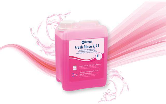 Contenitore di plastica rosa con etichetta bianca recante "Berger Fresh Rinse 2,5 l" su sfondo bianco con grafiche a schizzi rosa