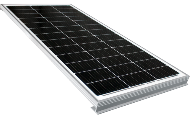 Rechthoekig zonnepaneel met meerdere donkere cellen en een zilverkleurig frame, licht schuin weergegeven