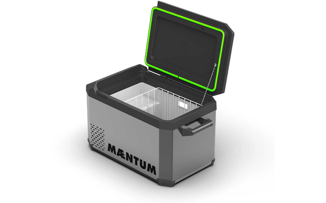 Graue rechteckige Box mit offenem Deckel, grüne Dichtung am Deckelrand, innen ein Metallkorb, seitlicher Griff, Lüftungsschlitze und Schriftzug "MAENTUM" auf der Gehäuseseite