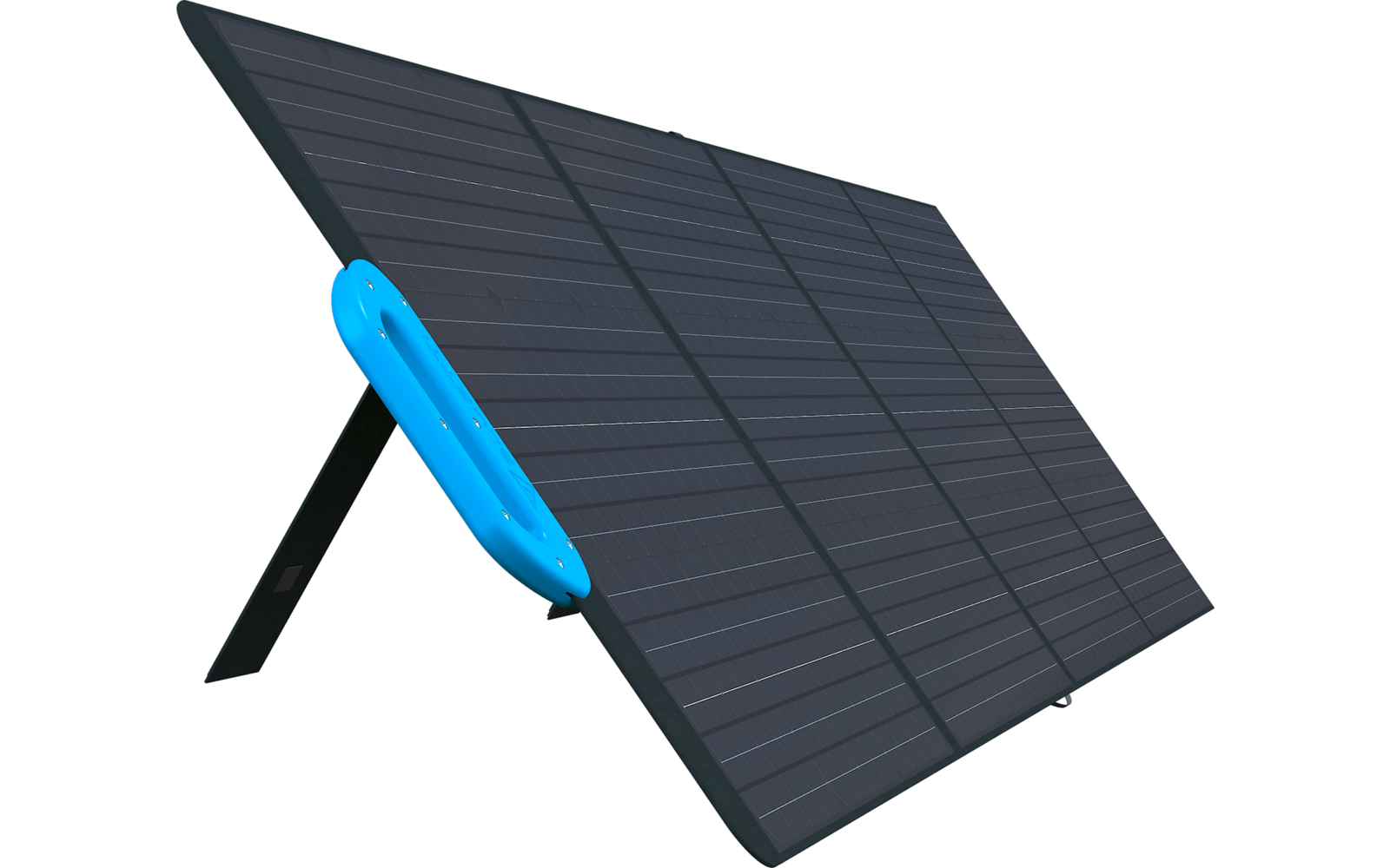 Schwarzes Solarpanel mit blauer Befestigung auf weißem Hintergrund