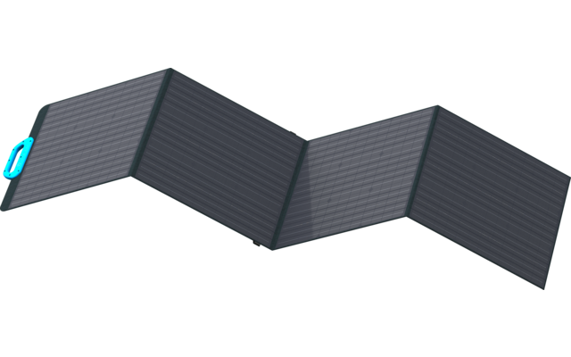Ein dunkles, gefaltetes Solarpanel mit einem blauen Griff an der Seite