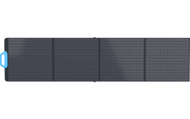 Un panneau solaire pliable déplié de couleur gris foncé avec une languette de poignée bleue