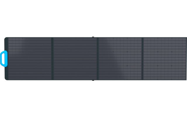 Ein aufgeschlagenes, faltbares Solarpanel in dunkelgrauer Farbe mit blauer Grifflasche
