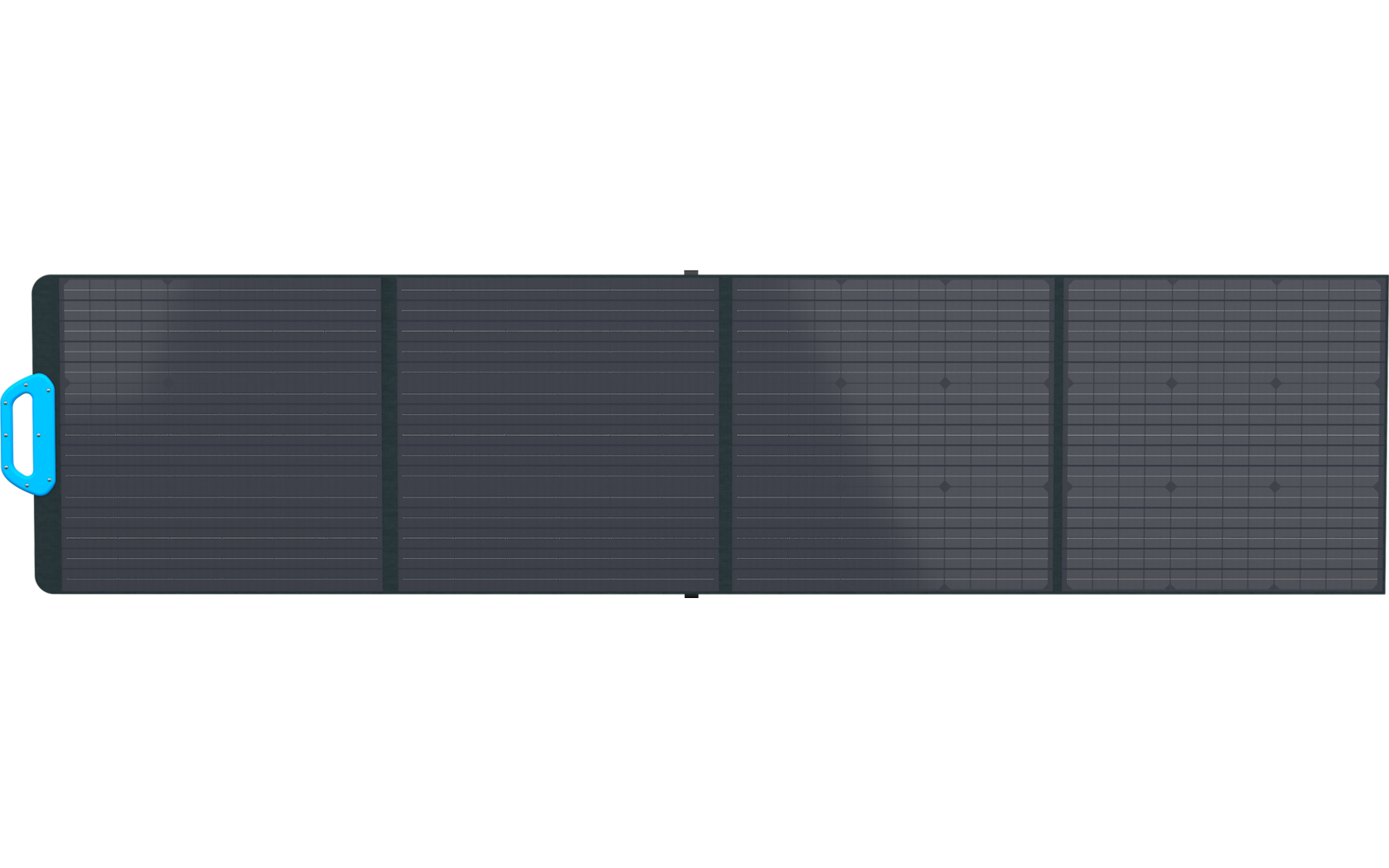Ein aufgeschlagenes, faltbares Solarpanel in dunkelgrauer Farbe mit blauer Grifflasche