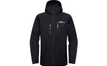 Zwarte outdoorjas met capuchon en ritssluiting aan de voorkant