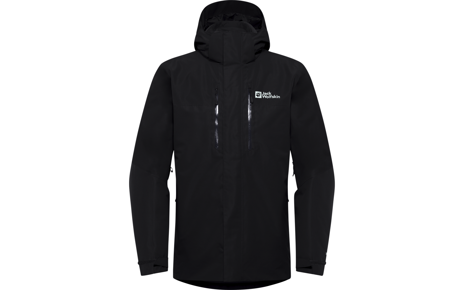 Zwarte outdoorjas met capuchon en ritssluiting aan de voorkant