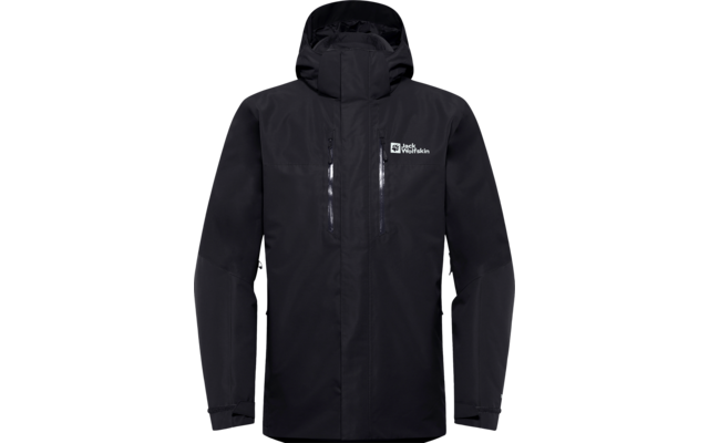 Zwarte outdoorjas met capuchon en ritssluiting aan de voorkant