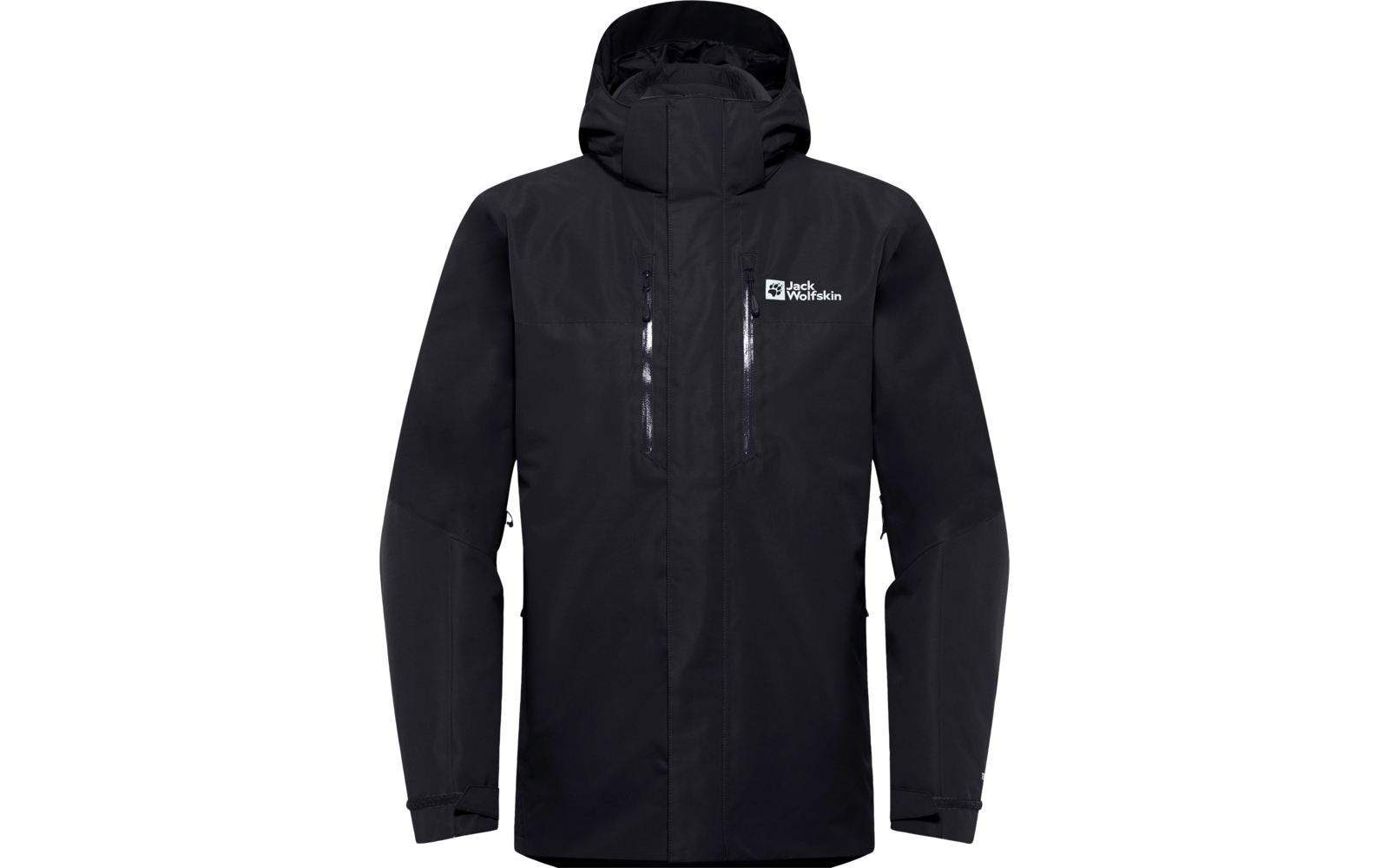 Zwarte outdoorjas met capuchon en ritssluiting aan de voorkant