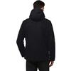 Personne de dos portant une veste à capuche noire et un pantalon sombre sur fond blanc