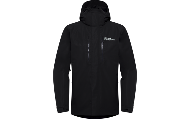 Zwarte outdoorjas met capuchon en ritssluiting aan de voorkant