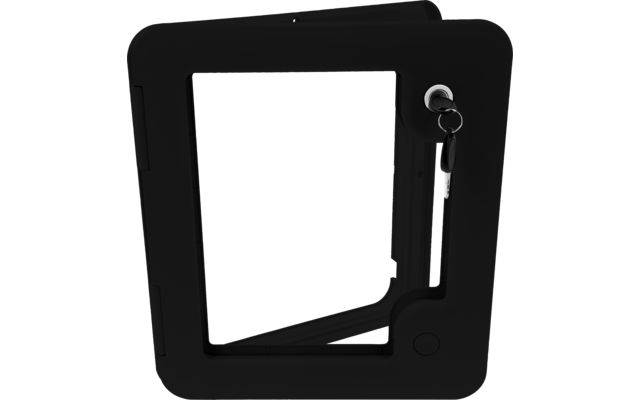 Cadre carré noir avec ouverture carrée au centre et coins arrondis ; à droite une clé avec porte-clés est insérée dans une serrure, à gauche une charnière est visible, en bas à droite un petit élément rond de type bouton