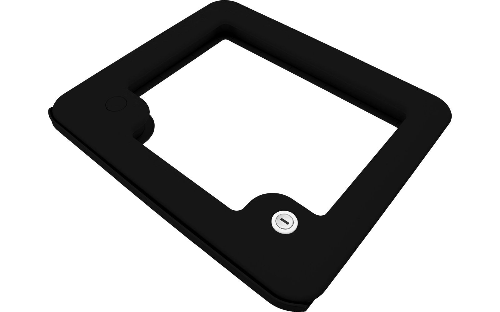 Cadre rectangulaire noir aux angles arrondis avec une découpe rectangulaire au centre, deux boutons ronds sur les bords gauche et inférieur, bouton inférieur avec anneau blanc