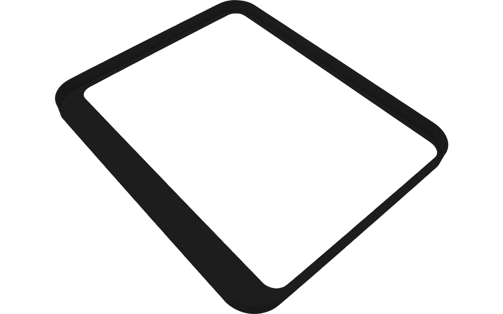 Cadre rectangulaire noir aux coins arrondis avec centre vide, en diagonale sur fond blanc, légère ombre