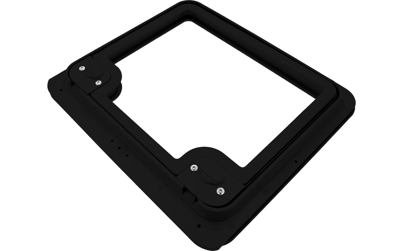 Cadre carré noir avec ouverture rectangulaire centrale et deux fermetures rondes avec vis argentées visibles sur un côté