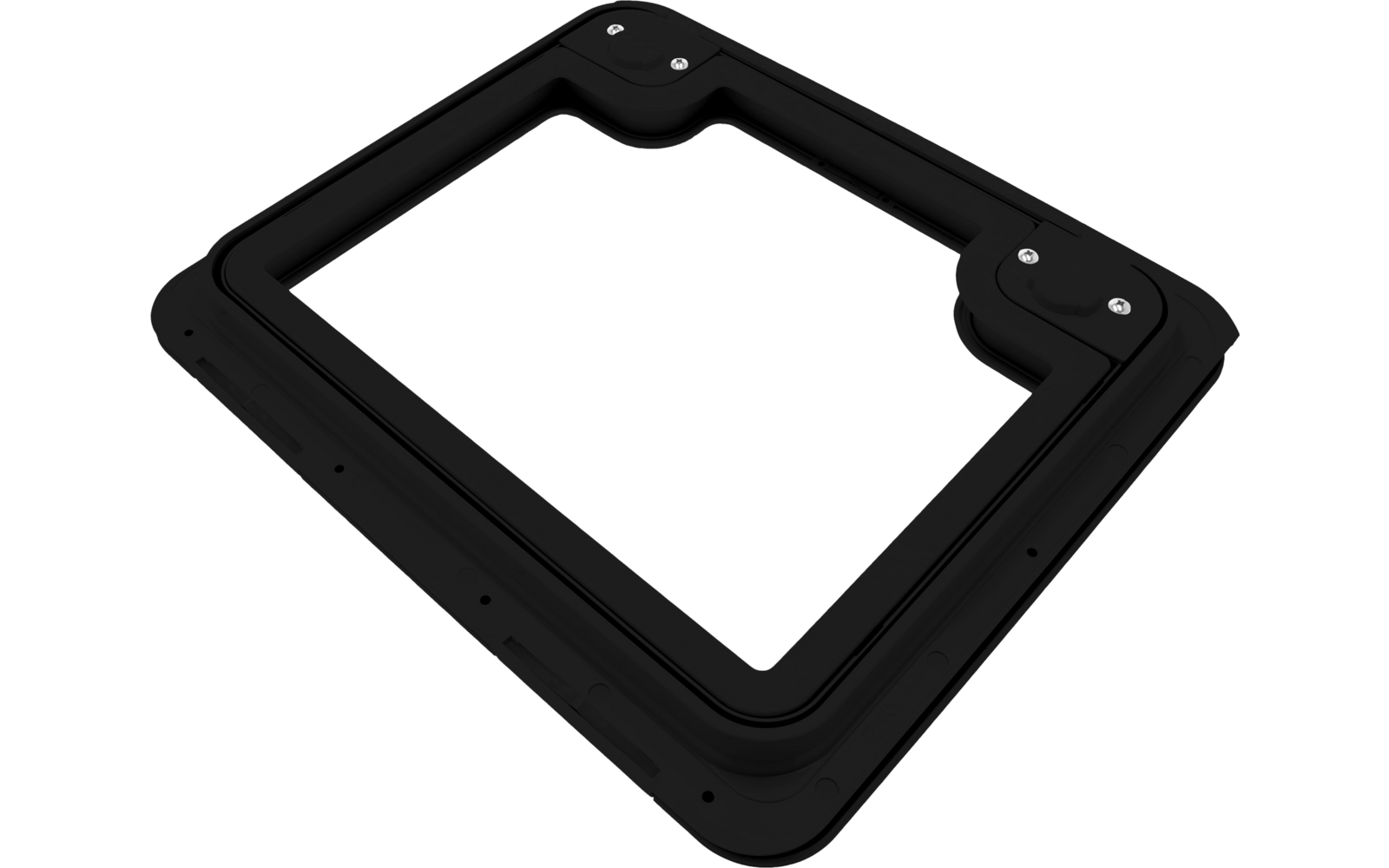 Cadre rectangulaire noir avec ouverture rectangulaire intérieure, coins arrondis, plusieurs vis visibles sur le pourtour et un élément rond fixé dans un coin