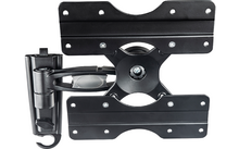 Schwarze Metallhalterung mit zwei rechteckigen Montageplatten, zentralem Drehgelenk, Auslegerarm und sichtbaren Schrauben