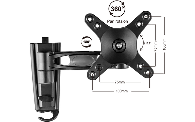 Schwarze Wandhalterung mit VESA-Platte mit vier Schraublöchern, Armgelenk und Wandbefestigungsplatte; Messlinien und Beschriftungen '360°', '180°', '±13.8°', '75mm', '100mm'