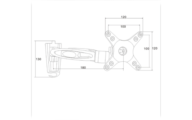Technische Strichzeichnung eines Monitorarms mit Wandhalterung, schwenkbarem Arm und quadratischer Platte mit vier Befestigungsbohrungen; eingezeichnete Maße 180, 130, 120 und 100